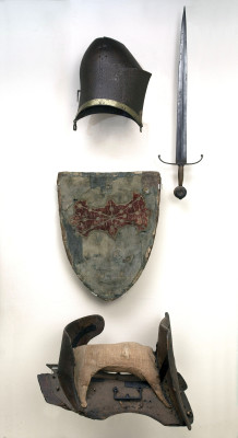 Henry V helm, shield, saddle and sword, Westminster Abbey Museum