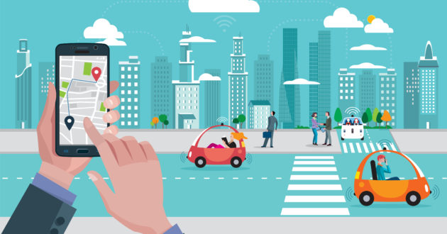 Man's hands with a smart phone with a location app. Roads with autonomous driverless cars and people walking on the street. In the background skyline skyscrapers.