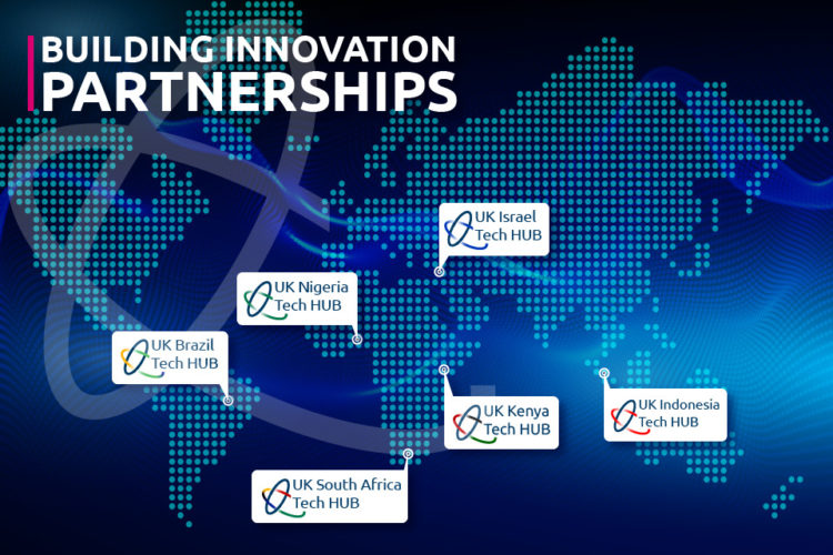 A graphic of the world map with text that says "Building Innovation Partnerships". Nigeria, Kenya, South Africa, Brazil, Indonesia and Israel have all been highlighted