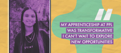 A header image of a young apprentice with a purple overlay. The quote reads: My apprenticeship was transformative, I can't wait to explore new opportuniities.